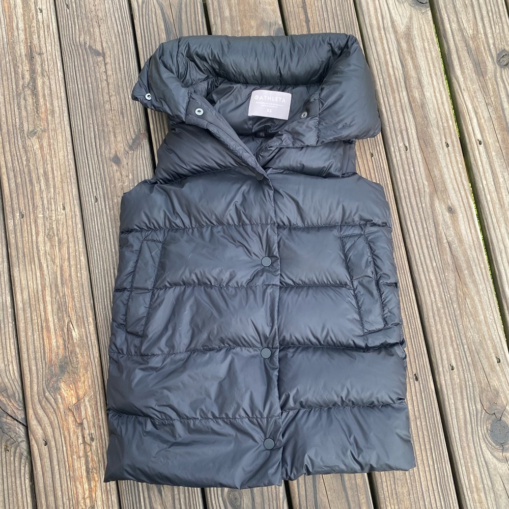 Athleta Long Goose Down Puffer Vest Snap Front